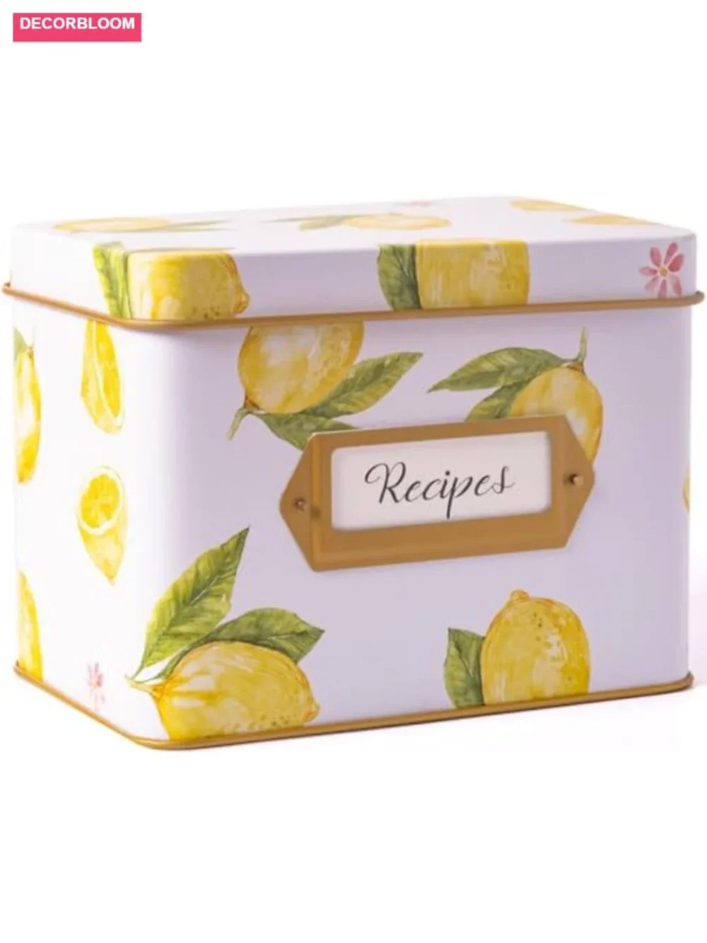 Lemon Recipe Box with 50 4x6 Cards & 12 Dividers Metal Hinged Lid